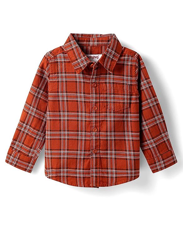 Babyhug Cotton Woven Full Sleeves Checkered Shirt & Trouser Set - Rust Orange & Beige