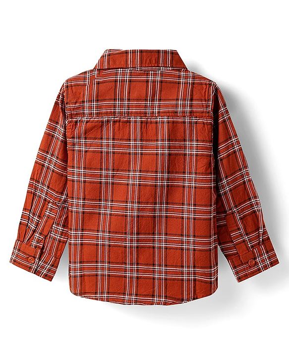 Babyhug Cotton Woven Full Sleeves Checkered Shirt & Trouser Set - Rust Orange & Beige