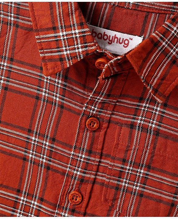 Babyhug Cotton Woven Full Sleeves Checkered Shirt & Trouser Set - Rust Orange & Beige