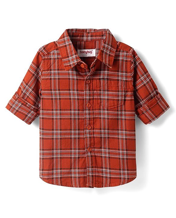 Babyhug Cotton Woven Full Sleeves Checkered Shirt & Trouser Set - Rust Orange & Beige