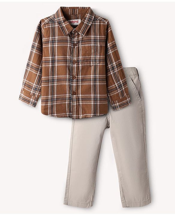 Babyhug Cotton Woven Full Sleeves Checkered Shirt & Trouser Set - Brown & Beige