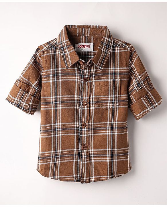 Babyhug Cotton Woven Full Sleeves Checkered Shirt & Trouser Set - Brown & Beige