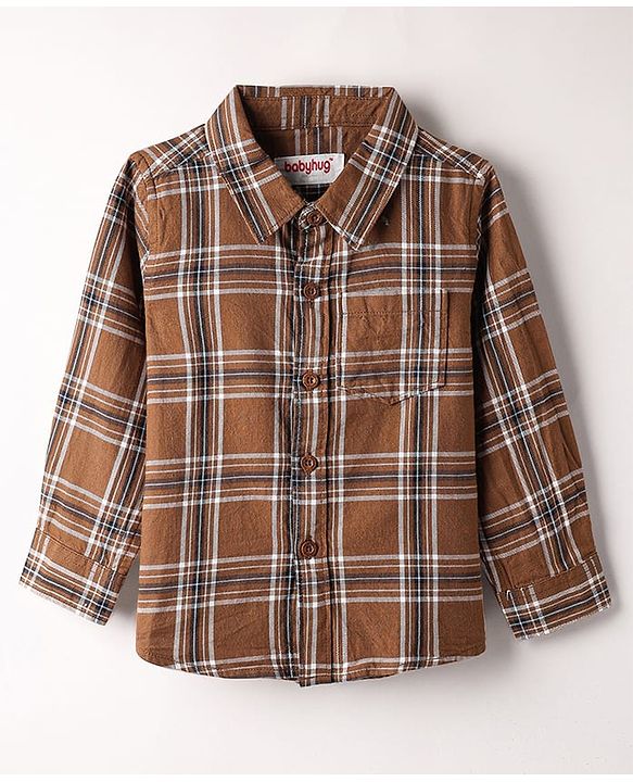 Babyhug Cotton Woven Full Sleeves Checkered Shirt & Trouser Set - Brown & Beige