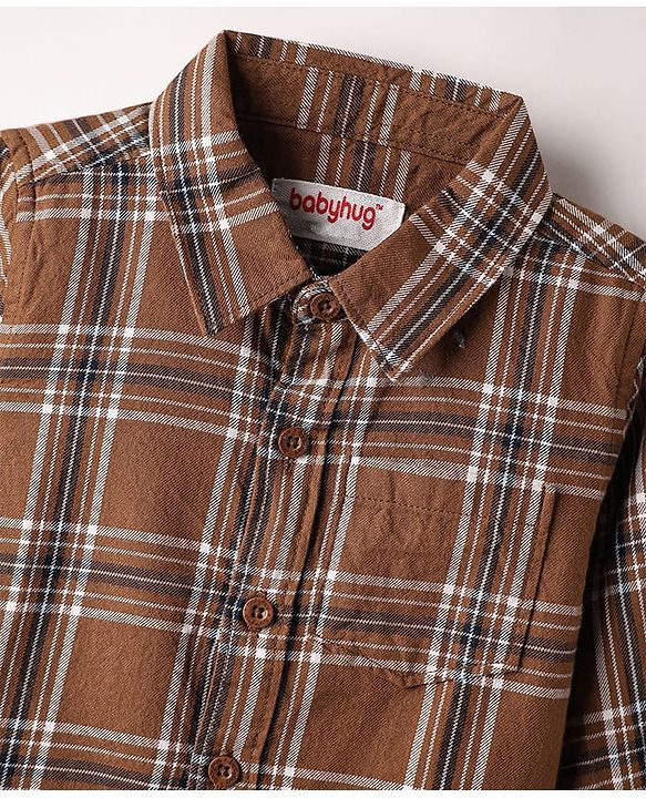 Babyhug Cotton Woven Full Sleeves Checkered Shirt & Trouser Set - Brown & Beige