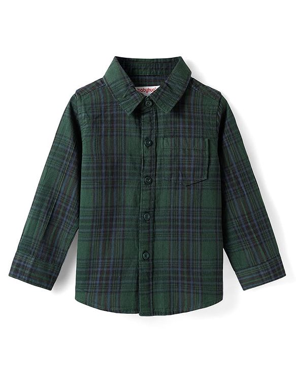 Babyhug Cotton Woven Full Sleeves Checks Shirt & Trouser Set - Dark Green & Beige