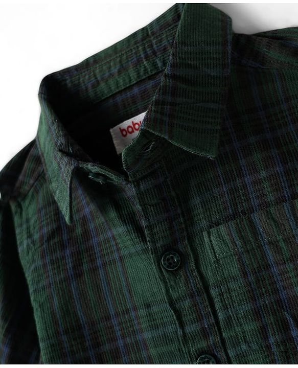 Babyhug Cotton Woven Full Sleeves Checks Shirt & Trouser Set - Dark Green & Beige