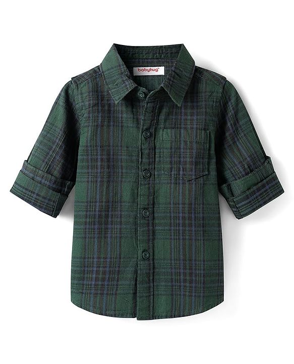 Babyhug Cotton Woven Full Sleeves Checks Shirt & Trouser Set - Dark Green & Beige
