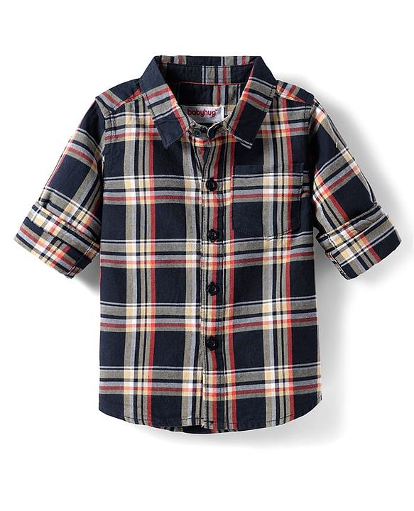 Babyhug Cotton Woven Full Sleeves Checkered Shirt & Trouser Set - Navy Blue & Beige
