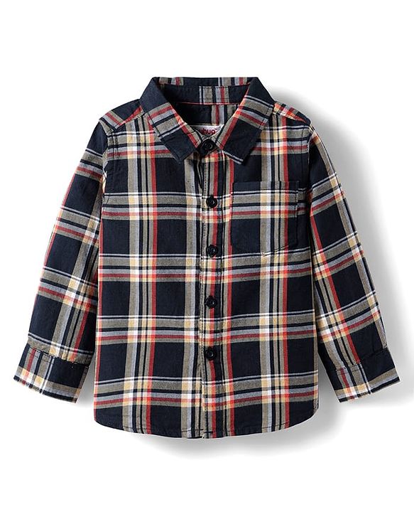 Babyhug Cotton Woven Full Sleeves Checkered Shirt & Trouser Set - Navy Blue & Beige
