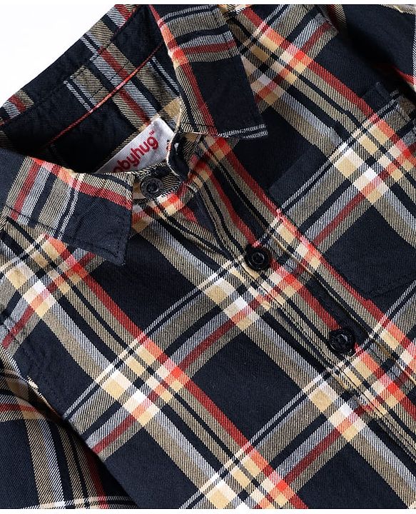 Babyhug Cotton Woven Full Sleeves Checkered Shirt & Trouser Set - Navy Blue & Beige