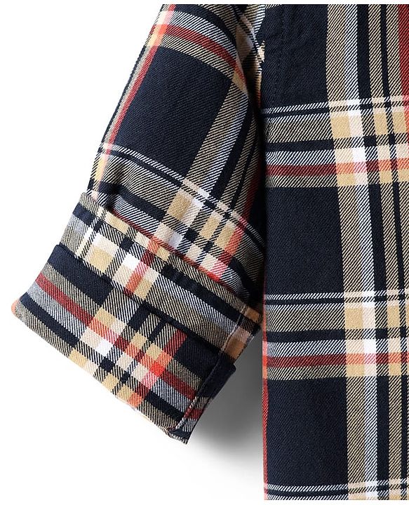 Babyhug Cotton Woven Full Sleeves Checkered Shirt & Trouser Set - Navy Blue & Beige