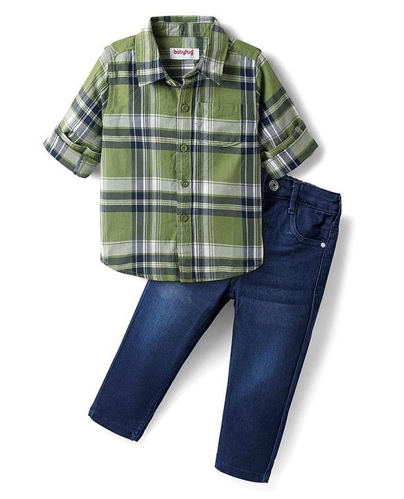 Babyhug Cotton Woven Full Sleeves Checkered Shirt & Denim Jeans - Olive Green & Blue