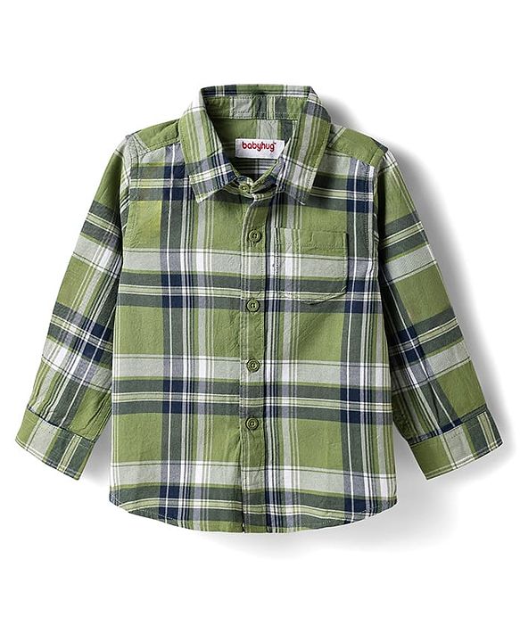 Babyhug Cotton Woven Full Sleeves Checkered Shirt & Denim Jeans - Olive Green & Blue