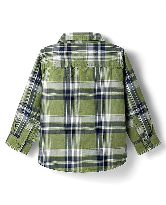 Babyhug Cotton Woven Full Sleeves Checkered Shirt & Denim Jeans - Olive Green & Blue