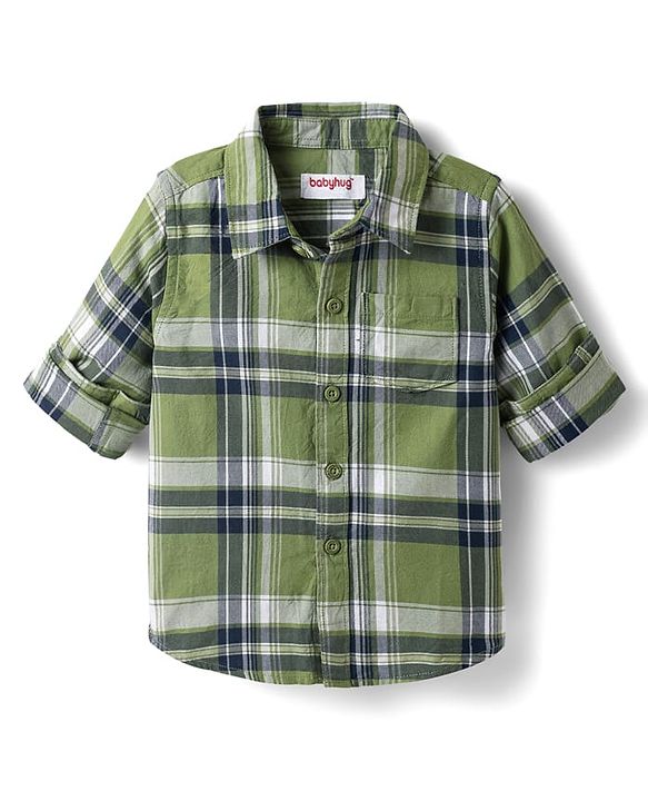 Babyhug Cotton Woven Full Sleeves Checkered Shirt & Denim Jeans - Olive Green & Blue