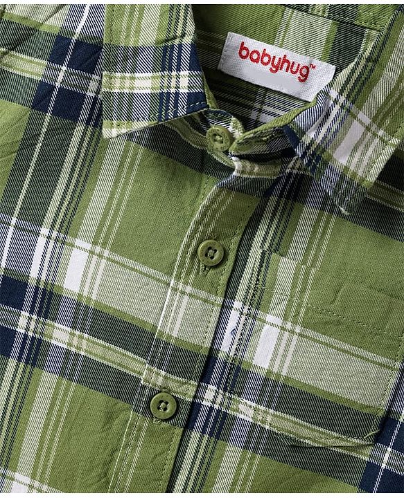 Babyhug Cotton Woven Full Sleeves Checkered Shirt & Denim Jeans - Olive Green & Blue
