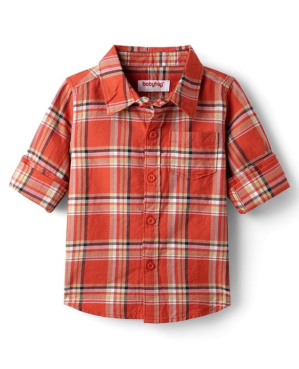 Babyhug Cotton Woven Full Sleeves Shirt & Trouser Set with Checks - Orange & Beige
