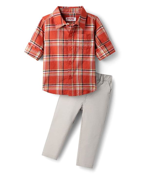 Babyhug Cotton Woven Full Sleeves Shirt & Trouser Set with Checks - Orange & Beige