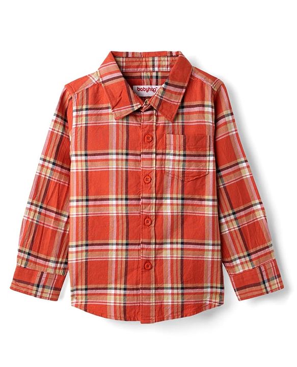 Babyhug Cotton Woven Full Sleeves Shirt & Trouser Set with Checks - Orange & Beige