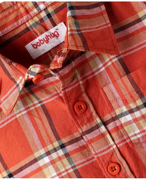 Babyhug Cotton Woven Full Sleeves Shirt & Trouser Set with Checks - Orange & Beige