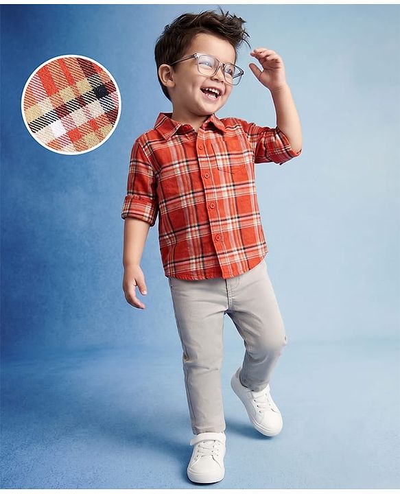 Babyhug Cotton Woven Full Sleeves Shirt & Trouser Set with Checks - Orange & Beige