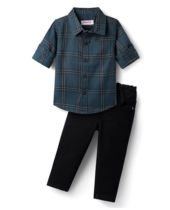 Babyhug Cotton Woven Full Sleeves Shirt & Trouser Set with Checks - Teal Blue & Black