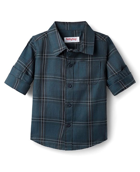 Babyhug Cotton Woven Full Sleeves Shirt & Trouser Set with Checks - Teal Blue & Black