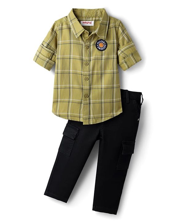 Babyhug Cotton Woven Full Sleeves Shirt & Trouser Set with Checks -  Olive Green & Black