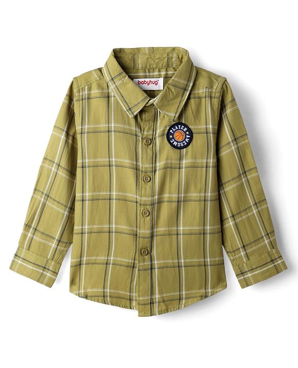 Babyhug Cotton Woven Full Sleeves Shirt & Trouser Set with Checks -  Olive Green & Black
