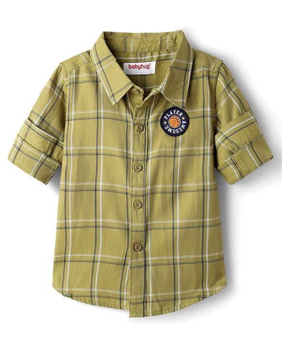 Babyhug Cotton Woven Full Sleeves Shirt & Trouser Set with Checks -  Olive Green & Black