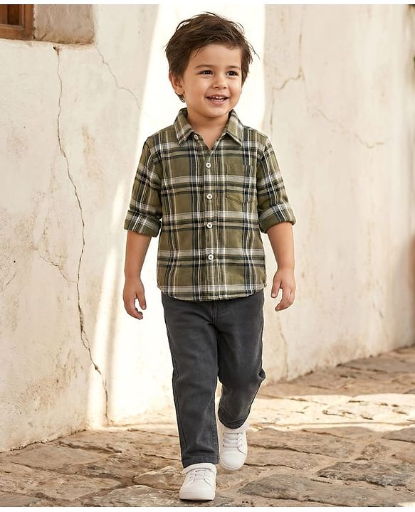 Babyhug Cotton Woven Full Sleeves Checkered Shirt  & Denim Jeans Set - Olive Green & Black