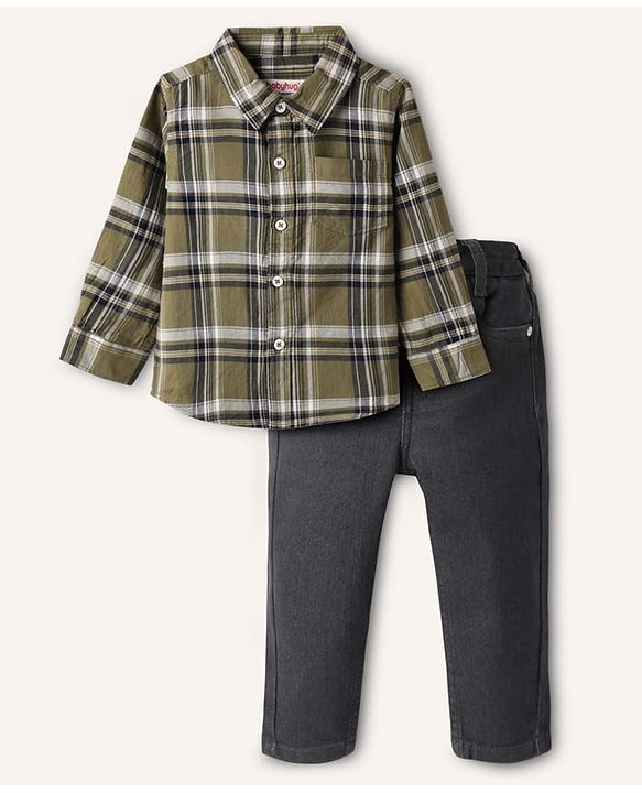 Babyhug Cotton Woven Full Sleeves Checkered Shirt  & Denim Jeans Set - Olive Green & Black