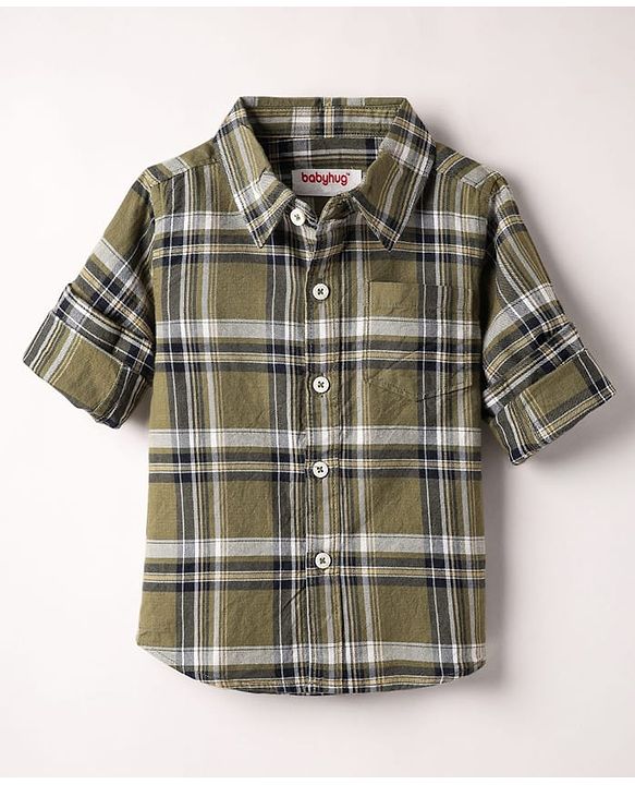 Babyhug Cotton Woven Full Sleeves Checkered Shirt  & Denim Jeans Set - Olive Green & Black