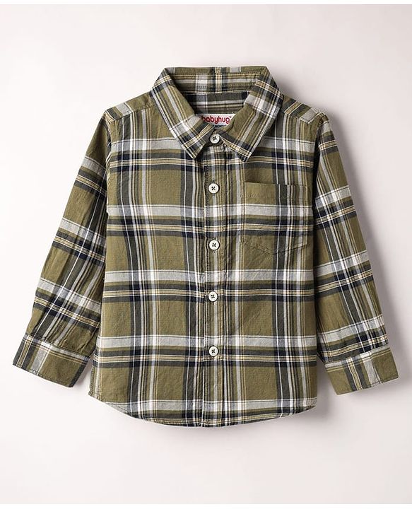 Babyhug Cotton Woven Full Sleeves Checkered Shirt  & Denim Jeans Set - Olive Green & Black