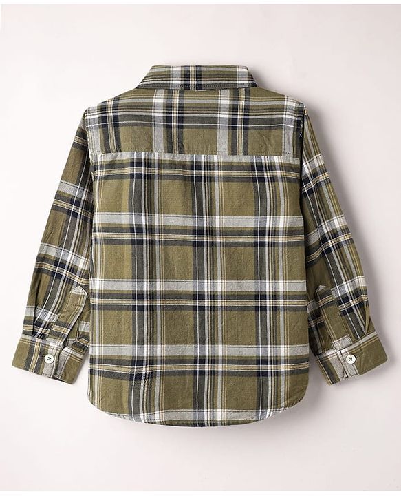 Babyhug Cotton Woven Full Sleeves Checkered Shirt  & Denim Jeans Set - Olive Green & Black