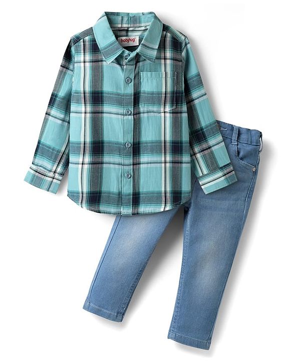 Babyhug Cotton Woven Full Sleeves Checks Shirt & Denim Jeans Set - Turquoise