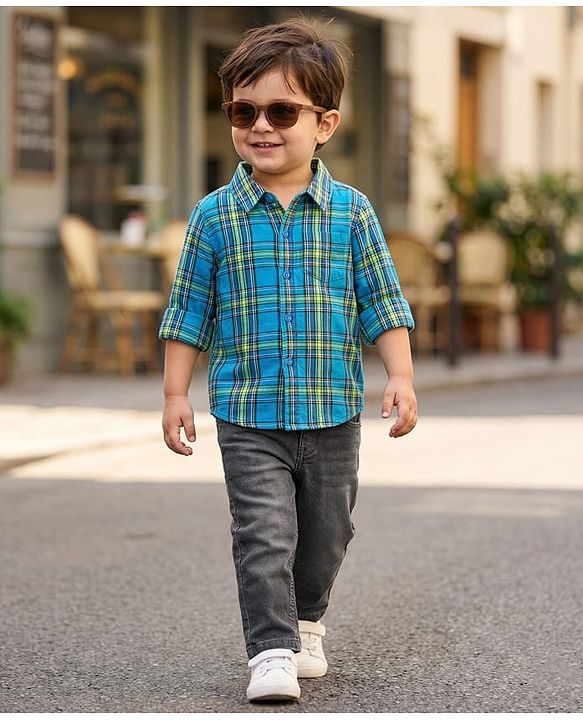 Babyhug Cotton Woven Full Sleeves Shirt & Jeans with Checks - Blue & Grey