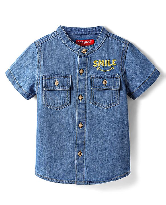 Babyhug Cotton Woven Half Sleeves Shirt with Smile Text Embroidery -Blue