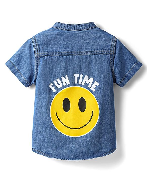 Babyhug Cotton Woven Half Sleeves Shirt with Smile Text Embroidery -Blue