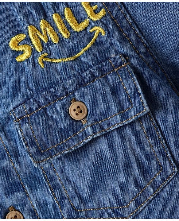 Babyhug Cotton Woven Half Sleeves Shirt with Smile Text Embroidery -Blue