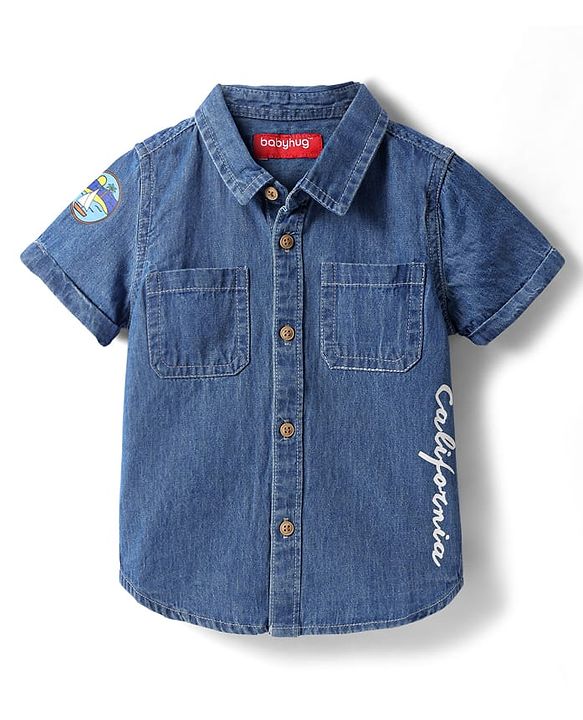 Babyhug Cotton Woven Washed Half Sleeves Shirt with California Print -Blue