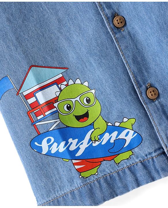 Babyhug Cotton Woven Half Sleeves Washed Shirt with Animal Print - Blue