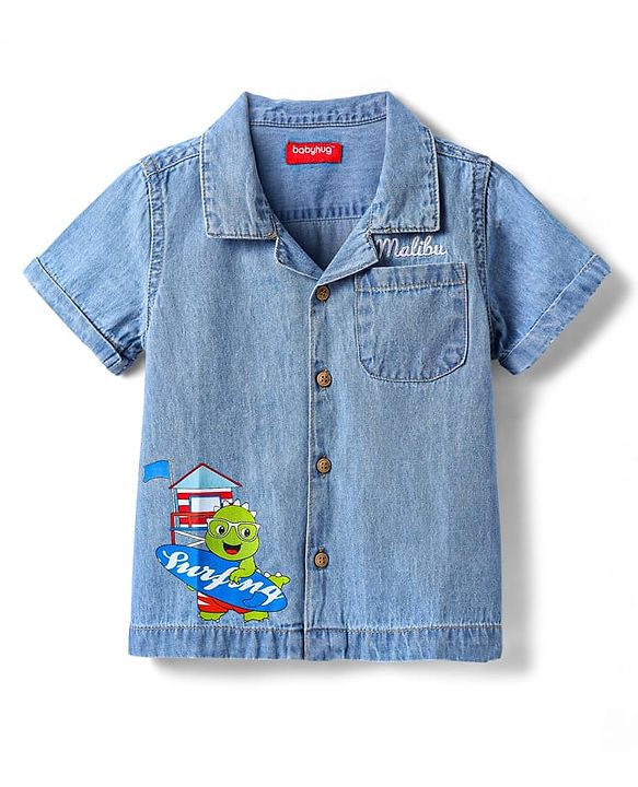 Babyhug Cotton Woven Half Sleeves Washed Shirt with Animal Print - Blue