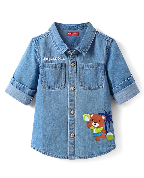 Babyhug Cotton Woven Half Sleeves Washed Shirt with Animal Print - Blue