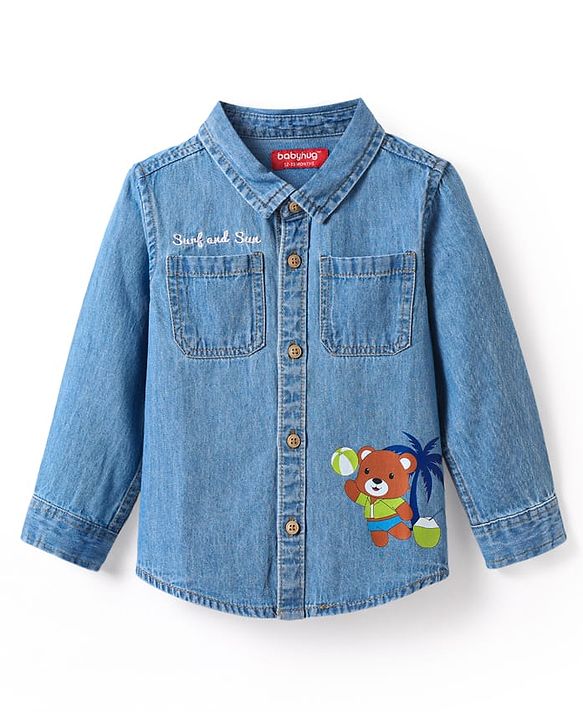 Babyhug Cotton Woven Half Sleeves Washed Shirt with Animal Print - Blue