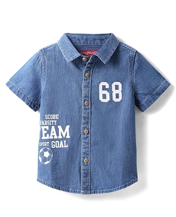 Babyhug Cotton Woven Half Sleeves Washed Shirt with Text Print - Blue