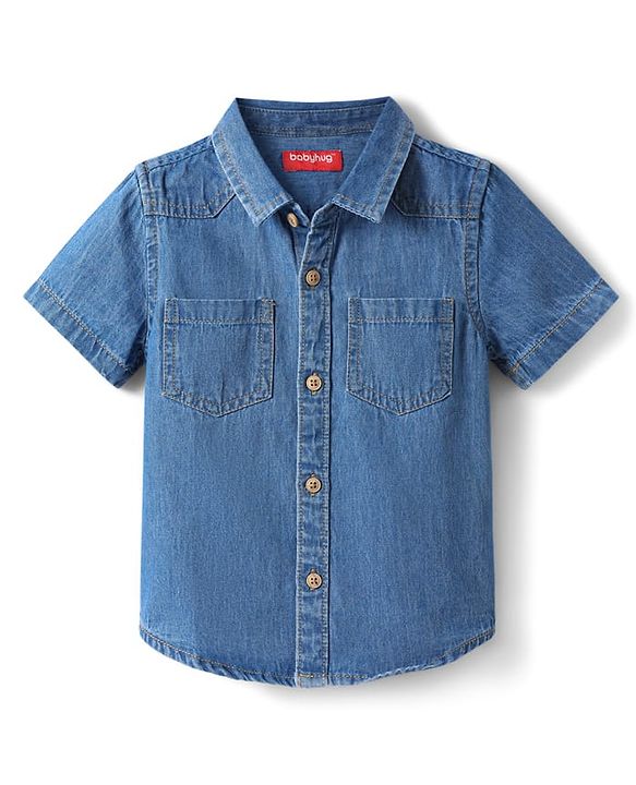 Babyhug Cotton Woven Half Sleeves Denim Shirt with Beach Theme - Blue