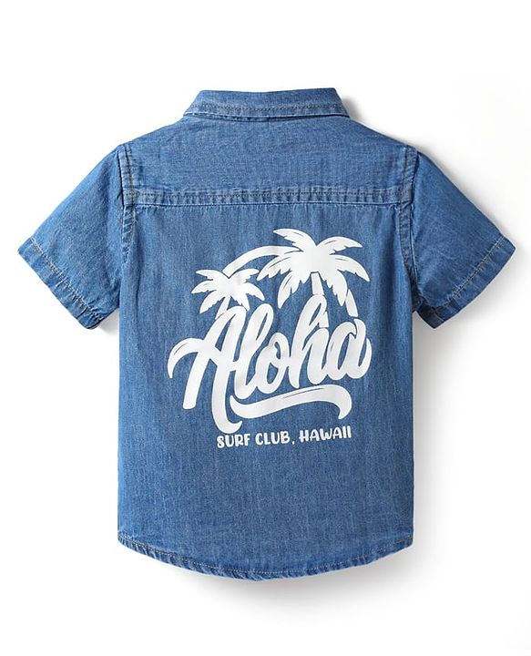 Babyhug Cotton Woven Half Sleeves Denim Shirt with Beach Theme - Blue