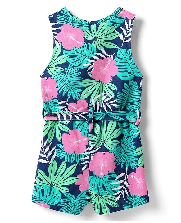 Babyhug Cotton Knit Sleeveless Jumpsuit with Belt & Floral Print - Blue & Green
