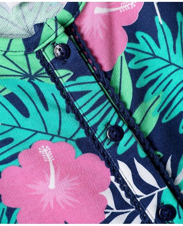 Babyhug Cotton Knit Sleeveless Jumpsuit with Belt & Floral Print - Blue & Green
